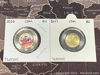 Reverse side of the two coins. One coin shows a full-color poppy design commemorating Canada 150. The other coin shows the polar bear design typical of Twoonies.