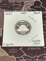 Obverse side of the 2023 Canadian 5 cents silver proof coin showing the beaver and denomination details.