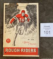 Front cover of the 1938 Ottawa Rough Riders official home game program shows a football player in red, number 36, running with the ball.