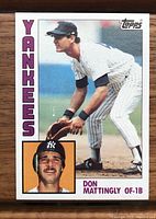 Front of 1984 Topps Don Mattingly rookie card in near-mint condition showing image, team, and player name.
