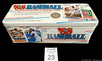 Collector's tin labeled '1988 Baseball Team Logo Stickers & Trading Cards' showing front and side views with player images and Chicago Cubs logo.