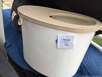 Top entry Iris cat litter box in white and beige plastic with oval shape and lid with opening.