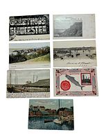 Overview of all seven postcards arranged in two rows, showing variety of scenic and greeting card views from Gloucester