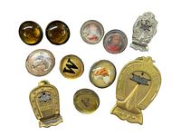 All 8 vintage horse bridle buttons and 3 metal clips arranged on white background, showing button details and shapes.