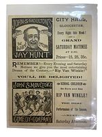 Photo showing antique black and white theater flyer from Gloucester, MA advertising John S. Moulton's Comedy Company and Jay Hunt with portrait and show details.