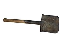 Full length of shovel showing wooden handle and metal blade, highlighting overall condition.
