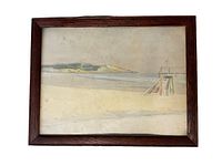 Full frontal view of the watercolor painting showing the beach scene with a wooden lifeguard stand and background mountains framed in a wooden frame.