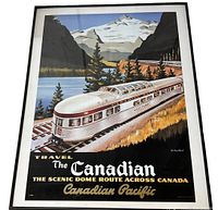 Front view of the framed Canadian Pacific travel poster showing a dome train traveling through scenic Canadian wilderness with mountains, trees, and a lake.