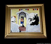 Front view of the Dog At The Door painting, showing the stylized scene and gold frame.