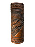 Front view of the tall wooden carved vase featuring a dragon motif.