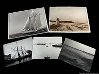 Five large vintage black and white maritime photos showing ships, lighthouse, harbor, and coastal landscape arranged together on black background.