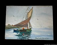 Front view of sailboat oil painting on canvas board showing boats, water, sky and shoreline.