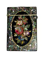 Front view of thin lacquer abalone inlay container showing floral and butterfly design on lid.