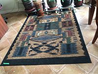 Area rug laid flat on tile floor beside potted plants and furniture, showing geometric pattern with visible wear.