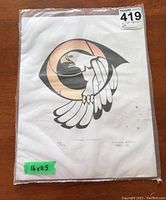 Full view of the limited edition print in a plastic sleeve with a number 419 sticker, showing the entire artwork and some spots on the sleeve.