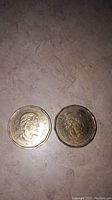 Photo of the obverse sides of two Canadian one dollar coins showing the engraved portrait of Terry Fox with date 2005 and inscriptions.