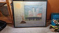 Framed oil on canvas painting depicting a group of figures in front of city skyscrapers with a sun on the top left corner, placed on carpet.