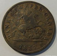 Obverse side of the 1857 Bank of Upper Canada one penny token showing equestrian figure and date