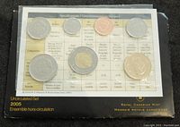 Seven Canadian coins from 2005 displayed on top of specification sheet inside original packaging. Coins include 5, 2, 1 dollar, and smaller cents coins.