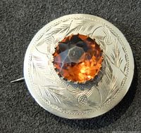 Front view of the round silver-tone brooch showcasing the large faceted citrine-colored stone and intricate engraved leaf and pinecone design.