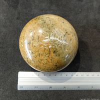 Top view of round carved stone trinket box lid with engraved bird and foliage design, placed next to a ruler for size reference.