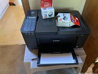 Canon Pixma TR4527 printer with paper loaded in tray, two boxes of Canon 244 ink cartridges placed on top of the printer.