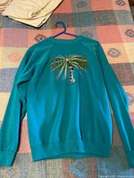 Full front view of turquoise long-sleeve sweater with Columbia logo on chest.