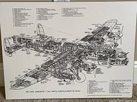 Full front view of the Avro Lancaster cutaway schematic poster board, showing detailed internal components and labeling.