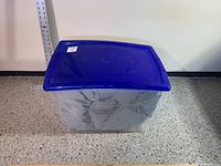 Plastic container with a blue lid housing the folded air mattress inside, shown closed.