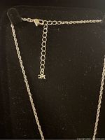 Close-up image of the silver-tone chain and clasp with the Butler signature tag at the end of the extender chain.
