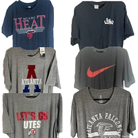 Multiple XL men's t-shirts with sports logos visible such as Miami Heat, Atlanta, Nike swoosh, Let's Go Utes, and Atlanta Falcons.