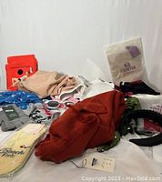 Photo showing entire collection of 12 items including scarves, socks, gloves, sunglasses, body and waist shapers, headbands