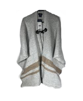 Front view of new women's gray knit sweater with beige stripes and toggle button closure on hanger.