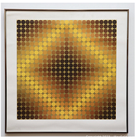 Full view of framed Op-Art poster featuring circular geometric pattern in yellow, orange and brown