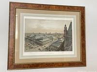 Framed lithograph with full view of artwork and frame showing Les Halles Centrales scene in soft colors.