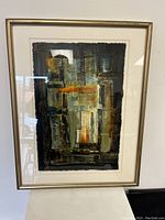 Full view of framed abstract encaustic and oil painting showing texture and colors.