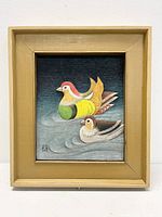 Overall wood carved Peking ducks artwork in frame
