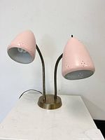 Front view of the two pink metal lamp shades attached to flexible brass gooseneck arms on a brass round base.