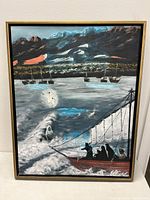 Frontal image of the painting with visible details of ship, waves, and mountainous background.