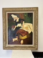 Frontal photo of the entire framed painting showing the domestic scene with woman and child, dog, and chicken.