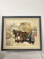 Frontal view of the oil painting depicting horses and farming couple, showing the composition and framing.
