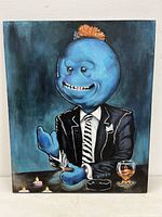 Full view of the acrylic painting of Mr. Meeseeks in black suit with lit candles and glass on table.