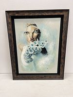 Front view of the framed oil painting showing the surreal mermaid fish lady figure