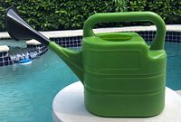 Photo of lime green plastic watering can with black sprinkler head by a pool, showing the full can with handle, spout and fill opening.