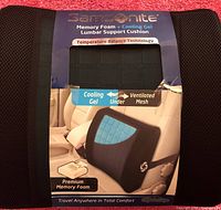 Front view of the Samsonite lumbar support cushion packaging showing the product details with memory foam, cooling gel, and ergonomic features.