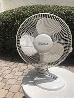 Photo of white Ragalata electric fan with protective grille, blades, control area, and extension cord wrapped around base.