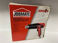 Front view of Jobmate heat gun box with product image and features in French.