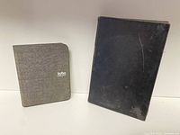 Photo showing two Kobo e-readers side by side, one with black cover and one with gray fabric cover, on a white surface.