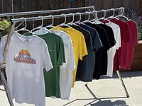 Lot of 11 assorted graphic T-shirts hanging on rack outdoors. Various colors and prints visible.