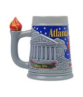 Front show of the beer stein with the torch handle, Athens 1896 Parthenon relief, and 'Atlanta' text with stars on blue background.